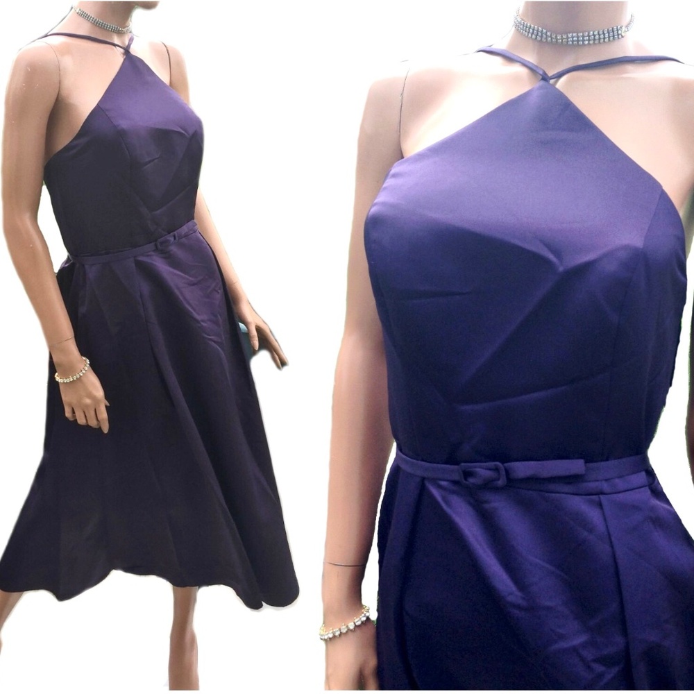 NWT D.Tutura/Gather&Gown Satin Fit/Flare Tea Length Bridesmaid Dress~Aubergine 6